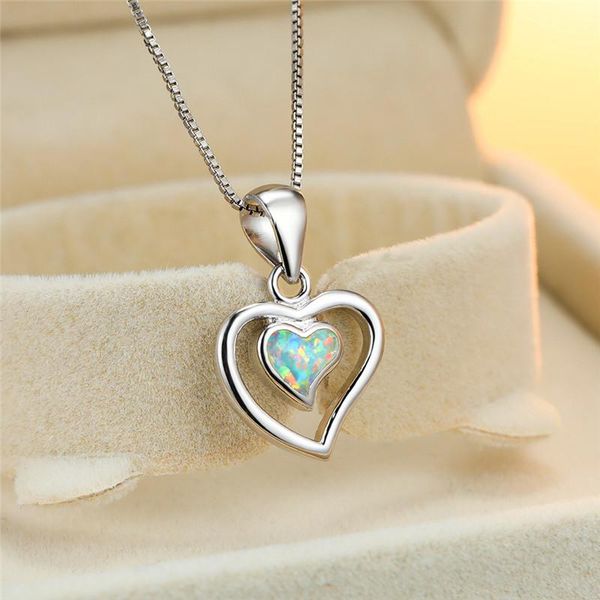

pendant necklaces simple fashion white blue opal wedding necklace cute heart hollow dainty silver color chain for women