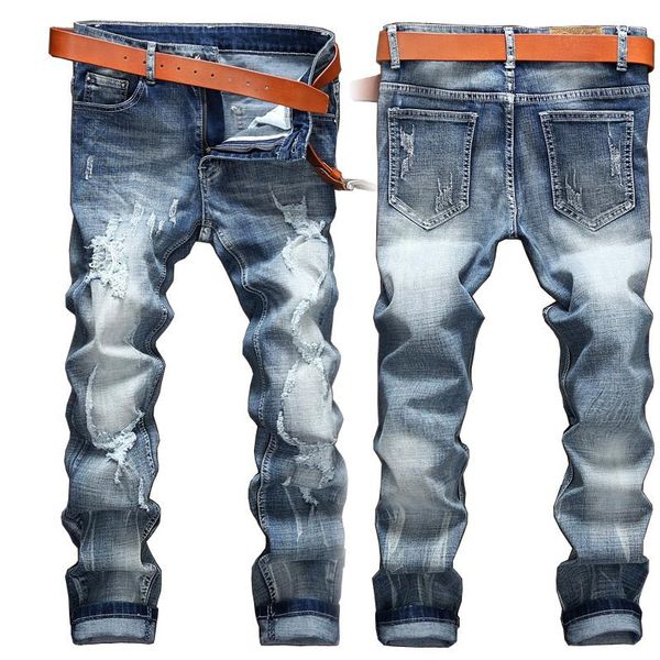 

men's jeans straight denim trousers broken hip-hop stretch light blue plus size men spring and summer brand casual lapel