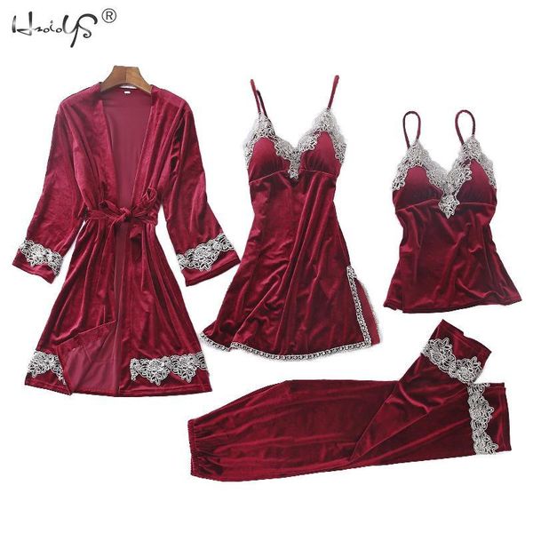 

women's sleepwear women velvet 4 pieces pajamas sets suspender skirt winter autumn pyjama lace robe, Black;red