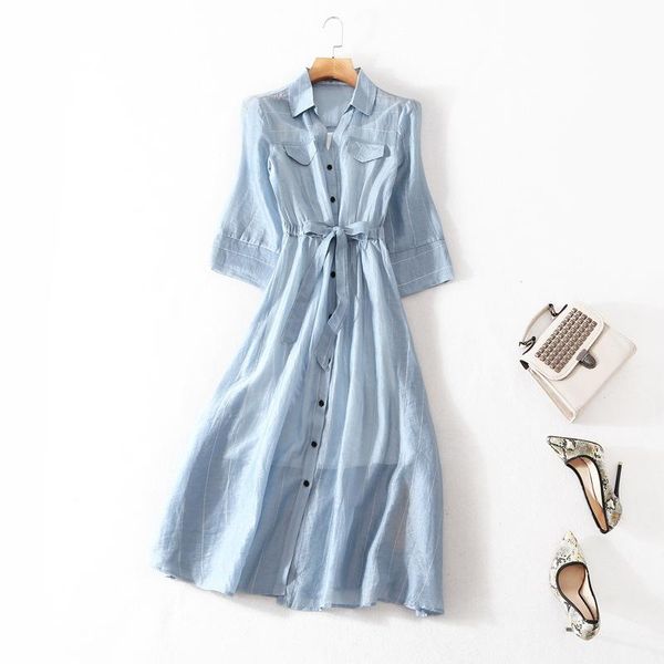 

casual dresses summer lace-up waist-breasted midi skirt, lapel, large swing striped dress, Black;gray