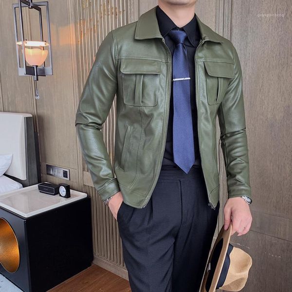 

men's fur & faux british style autumn winter solid turn down collar vintage pu leather jacket men clothes 2021 slim fit front pockets c, Black