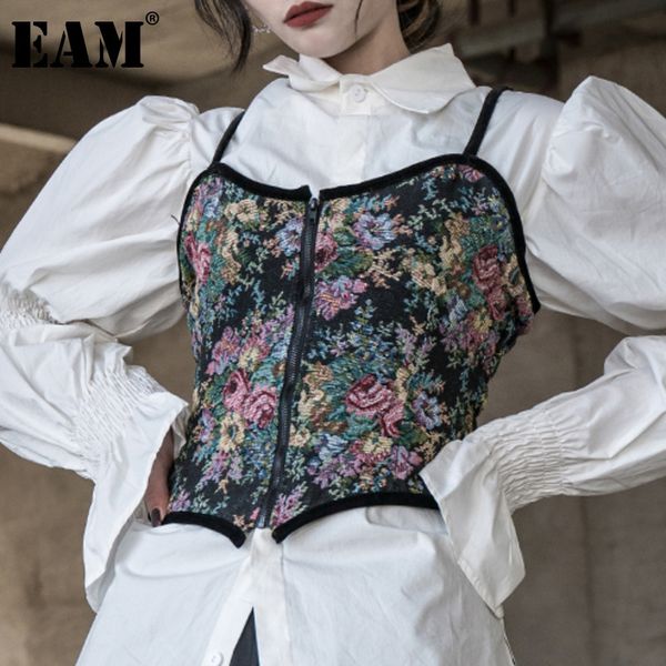 

[eam] women floral print pleated short tank v-collar sleeveless personality fashion spring summer 1dd6197 21512, White