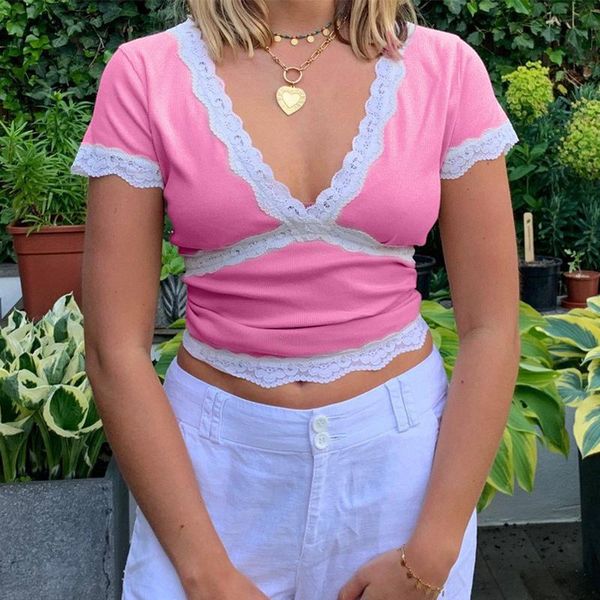 

women's t-shirt women\u2021s short sleeve solid color crop patchwork lace decorations deep v-neck basic t shirt for summer, White