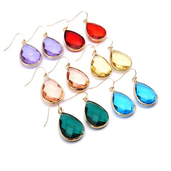 

fashion transparent glass crystal charm earrings pink green blue waterdrop teardrop dangle earings for women jewelry, Golden