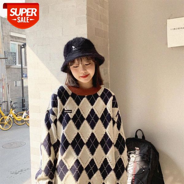 

[couple] self-made heavy industry retro rhombus pullover western style loose sweater knit women #1t5u, White