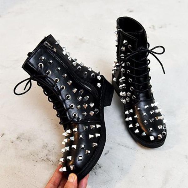 

boots women rivet women's leather ankle ladies zip lace up shoes female round toe mid heels fashion drop ship, Black
