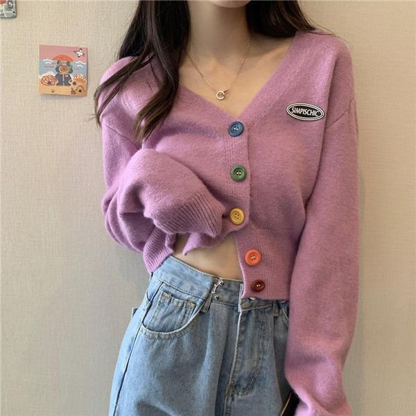 

korean autumn cropped cardigan women sweater with button casual v neck long sleeve knitted, White;black