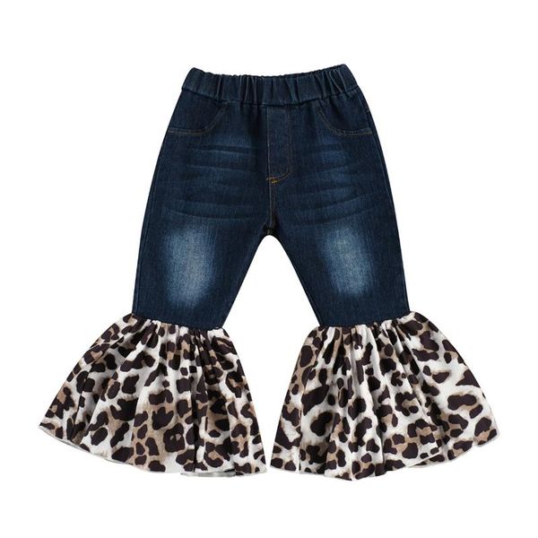 

fashion toddler kids girls leopard patchwork jeans pants outfits 2-7y elastic high waist ripped flare trousers, Blue