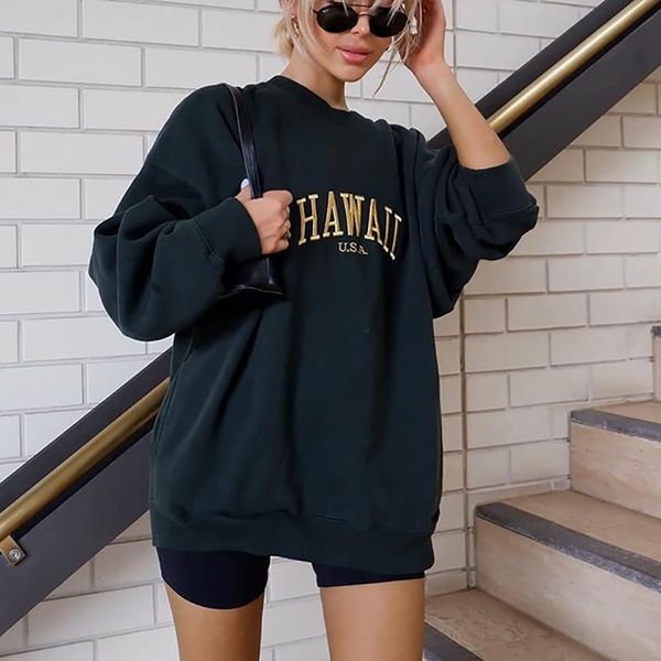 

vintage letter embroidery loose sweatshirt women new cotton long sleeve o neck oversized hoodie autumn casual chic hoodies 210413, Black