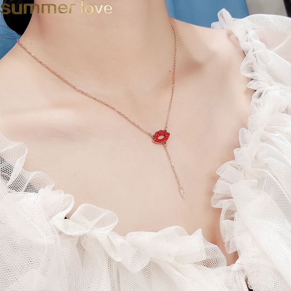 

red lips choker necklace for women gold plating stainless steel chain necklaces clavicle party jewelry, Silver