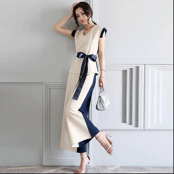 

elegant work fashion two womens tracksuits piece set bow v neck blouse zipper wide led pants summer office lady suits, Gray