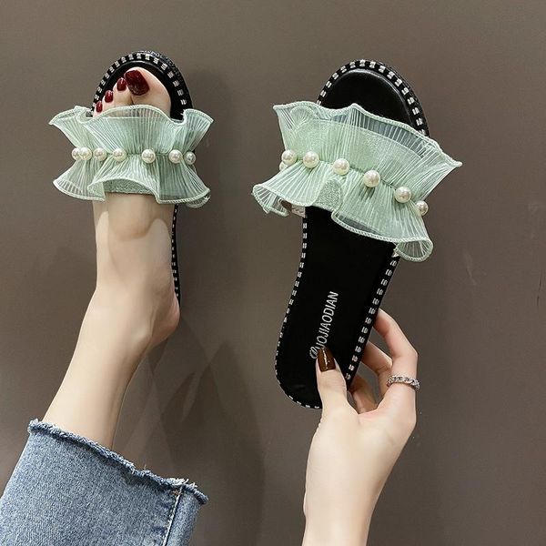 

shoes woman's slippers string bead luxury slides low 2021 soft flat designer summer rome pu fashion scandals fabric rubber, Black