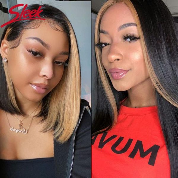 

sleek human hair wigs for women lace part wig blonde black short straight bob colored remy brazilian, Black;brown
