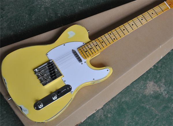

custom shop relic yellow telecaster electric guitar tele basswood body dot inlay vintage maple fingerboard with chrome hardware