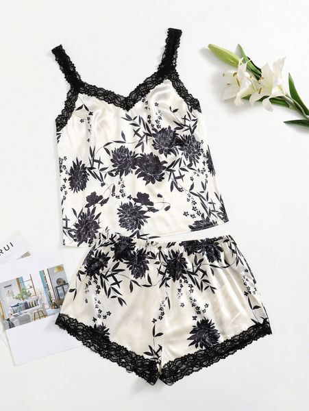 

plus floral lace insert satin pj set x8ba#, Black;white