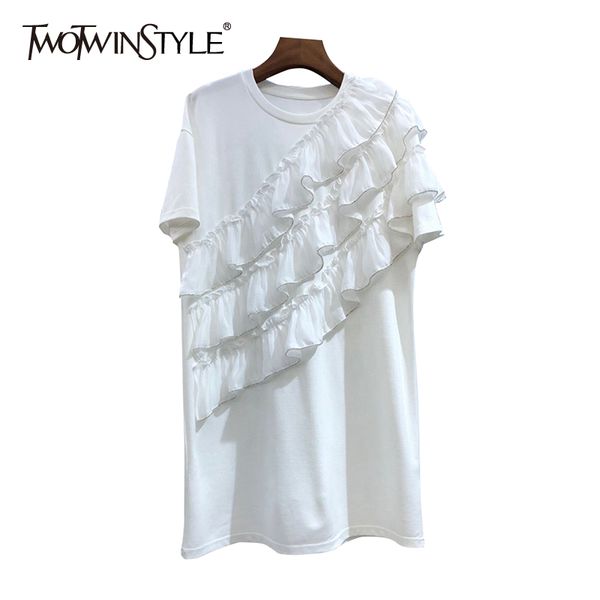 

elegant patchwork ruffle summer dress for women o neck short sleeve casual white dresses female fashion new clothes 210428, Black;gray