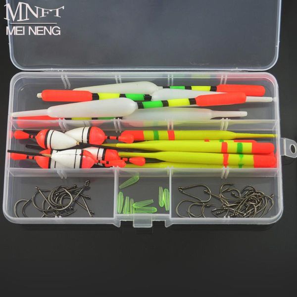

5sets each 15pcs 3 size vertical fishing float buoys bobber tackle buoyage with box + 30pcs hooks combo accessories