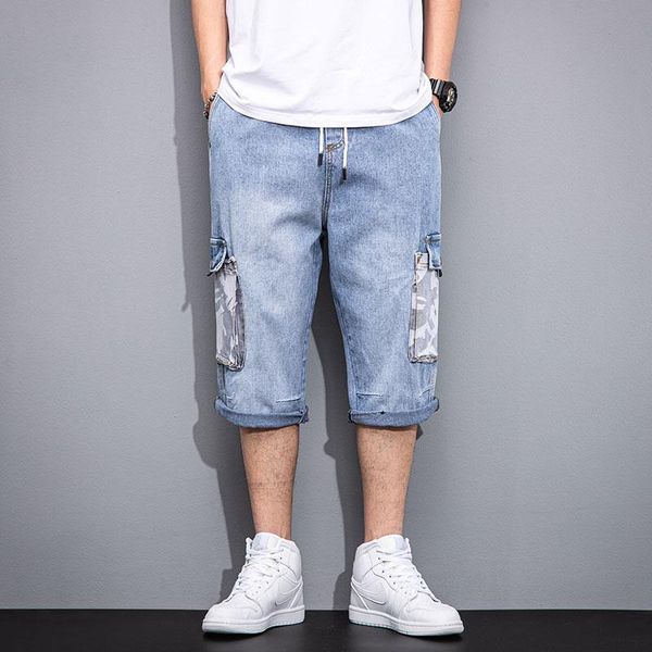

men's jeans 2021 summer light-colored straight-leg cargo short fashion casual denim calf-length pants male brand clothes,861-1, Blue