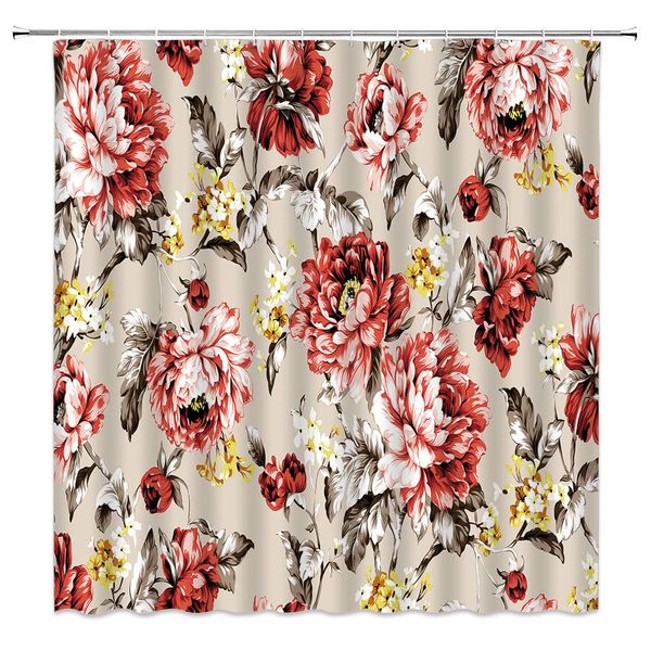 

colorful flower shower curtain decor red peony lilac leaves vintage romantic floral plant khaki background fabric bath curtains