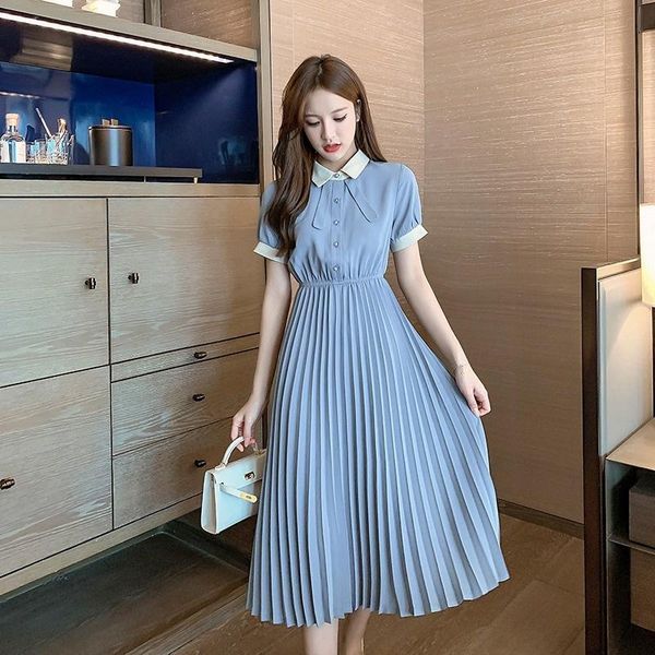 

casual dresses 2021 summer fresh collar short-sleeved shirt dress women's mid-length waist slimming chiffon, Black;gray