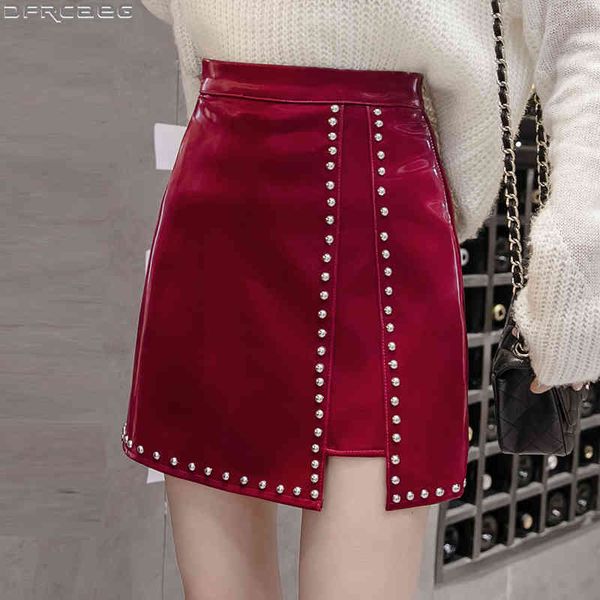

casual dresses fashion slit rivet leather skirt for women autumn winter black green red short s high waist bright latex a-line z25, Black;gray