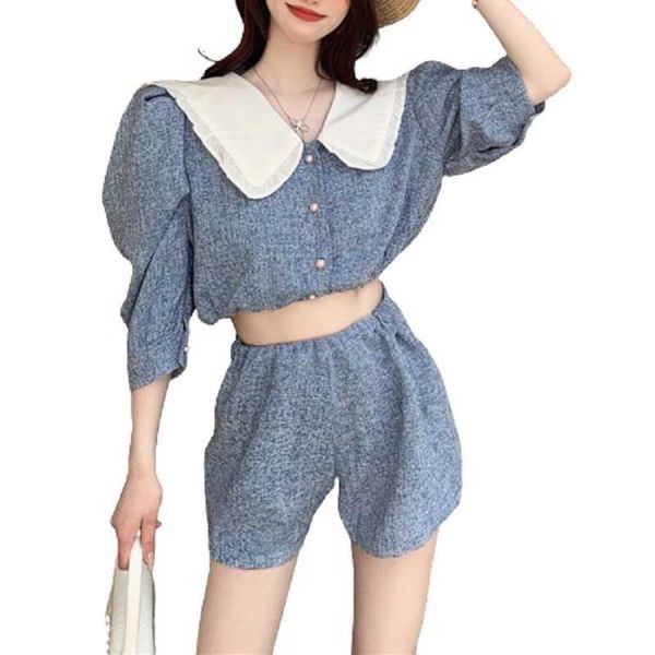 Talvez U Mulheres Verão Verão Doce Elegante Denim Two-Piece Set Slow Sleeve Curto Camisa Top Casual Cintura Alta Largura Perna Calça Curta T3036 210529