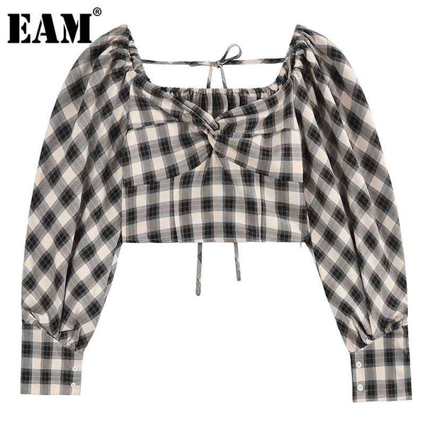 

[eam] women black plaid bandage short blouse square collar long sleeve loose fit shirt fashion spring autumn 1dd6817 21512, White