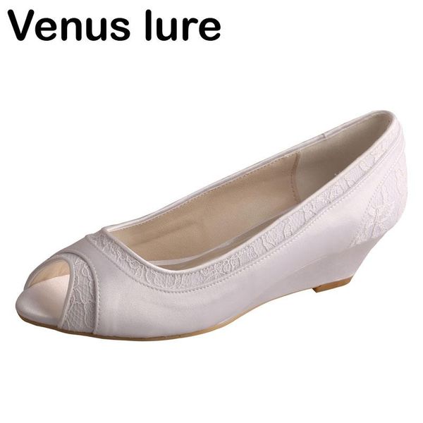 

dress shoes discount lace and satin women wedge heel white wedding peep toe pumps, Black