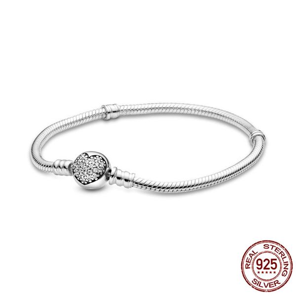 

925 sterling silver sparkling heart clasp snake chain bracelet women original diy charm beads jewelry, Black