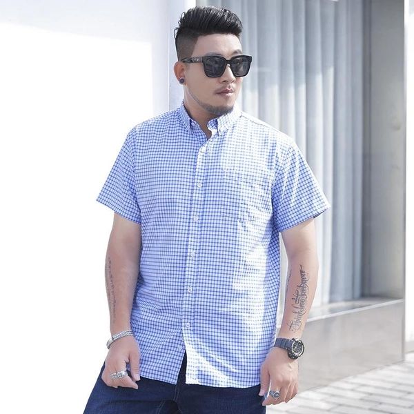 

men's casual shirts summer 10xl 12xl 11xl large size men plaid shirt short sleeve high street cotton oversize pockets cow boy loose 54, White;black