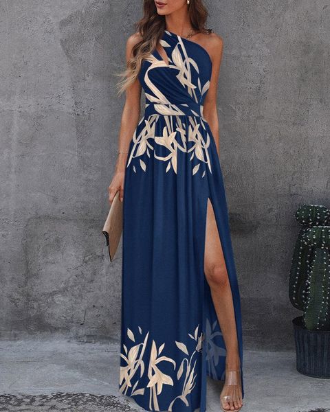 

casual dresses bodycon vestidos pink all over print one shoulder split summer floral high slit cutout maxi dress, Black;gray