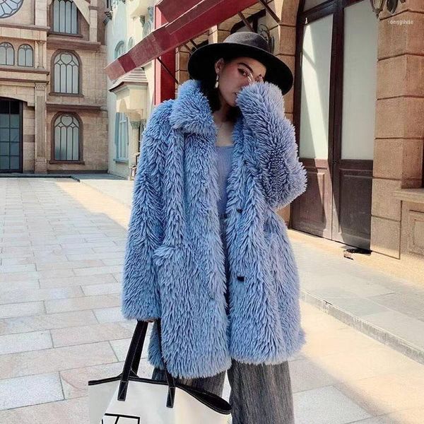 

women's fur & faux 2021 coat casual furry thick warm long jacket loose winter women teddy manteau femme hiver1, Black