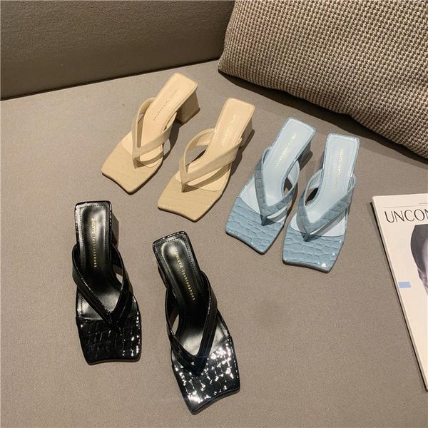 

slippers shoes woman 2021 square toe heels rubber flip flops pantofle shale female beach luxury slides high hawaiian sabot, Black
