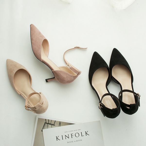 

luxury dress shoes fu no. 2021 spring thin heel single sho women's hollow flat button high heels pointed suede, Black