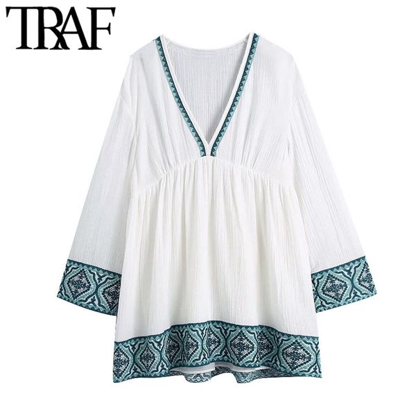 

traf women chic fashion patchwork embroidery mini dress vintage v neck long sleeve female dresses vestidos mujer 210415, Black;gray