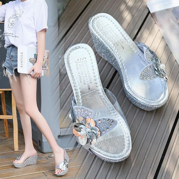 

slippers summer platform high heels women bling sandal female crystal beach shoes open toe flip flops flowers outdoor footwear, Black