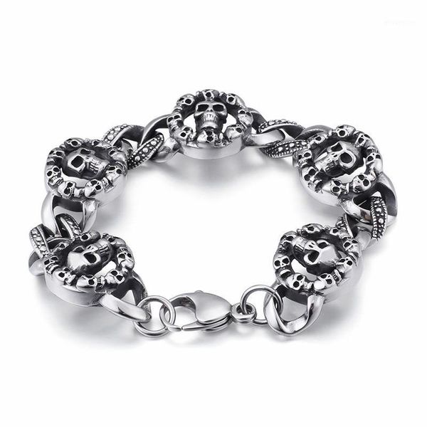 

stainless steel punk multi lots of skull charm bracelet for men 22.5cm long gothic skull chain bracelet party jewelry1, Golden;silver