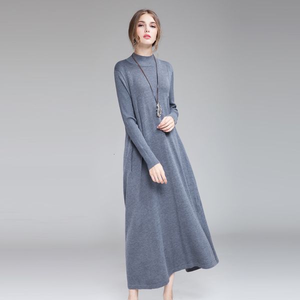 

Elegant woman long sleeve tall collar big skinny hem party dress knitted or crocheted, Black;gray