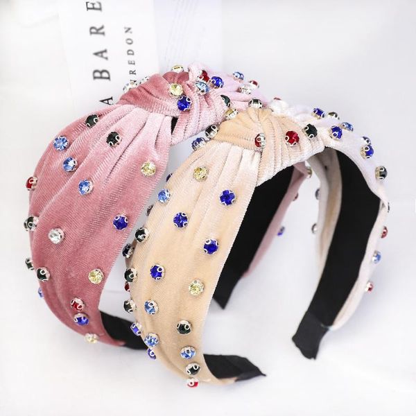 

colorful rhinestone hair accessories for women solid color knotted crossed gold velvet headband fashion wide hoop