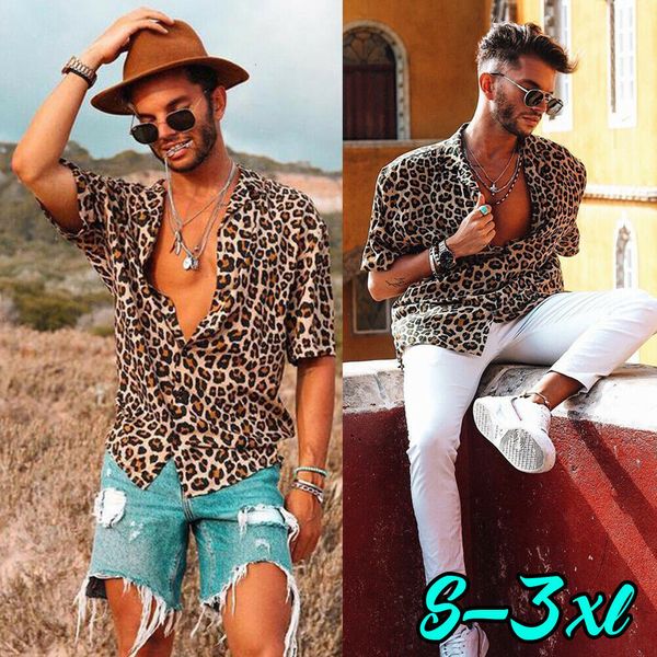 

new men's leopard short sleeve shirt summer cool loose casual v-neck shirts, White;black