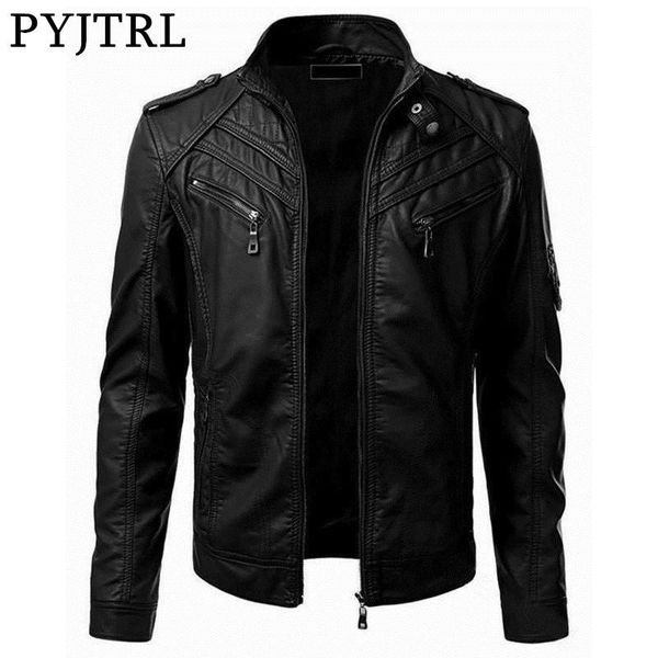 

men imitation pu leather jacket biker motorcycle zipper coat men's fur & faux, Black