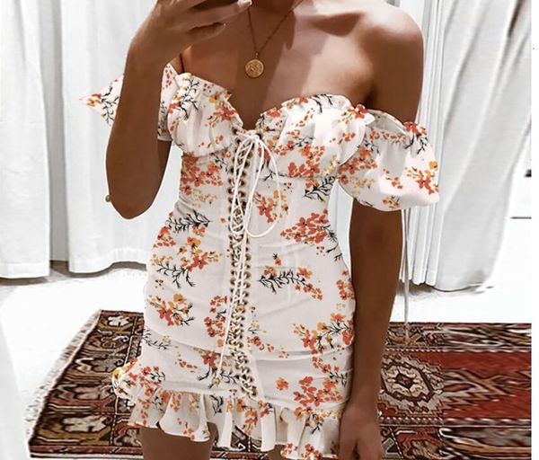 

women dresses sheath strapless floral print off shoulder eyelet lace-up short sleev ruffles mini sxey elegant dress, Black;gray