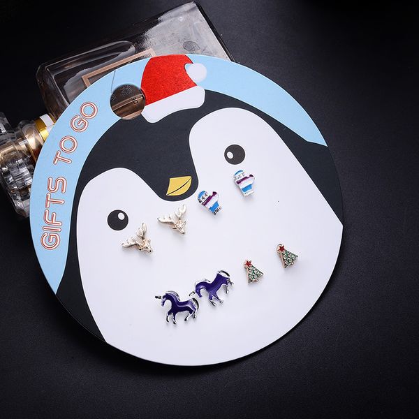 

female four earrings pairs cartoon christmas deer diamond tree mini bow head crutch, Golden