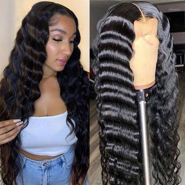 

loose deep wave wigs lace front human hair for women t part wig curly malaysian pre plucked remy1, Black;brown