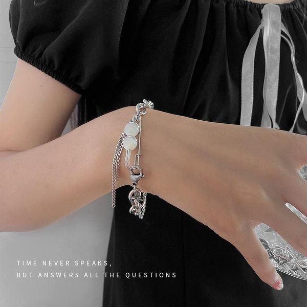 

link, chain women bracelet hollow pin bracelets woman artificial pearl bangles couples personality fashion trendy silver color alloy brincos, Black