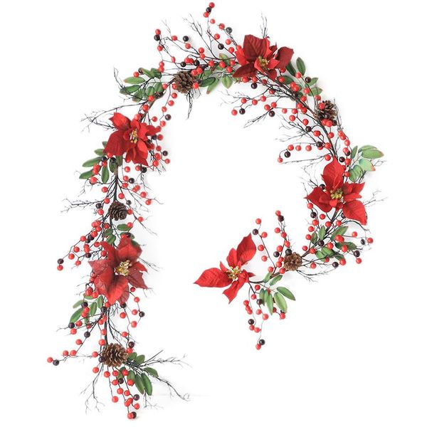 

artificial garland with red berries and holly leaves, pine cone for holiday fireplace stairs table decorations decorative flowers & wreaths