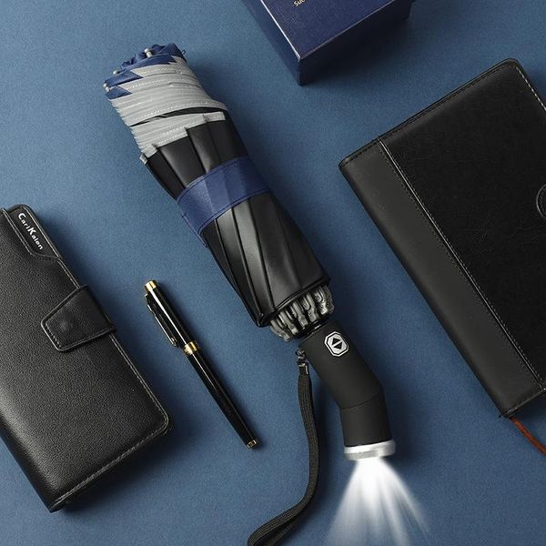 

umbrellas led automatic windproof umbrella with reflective stripe reverse light three folding inverted 10 ribs