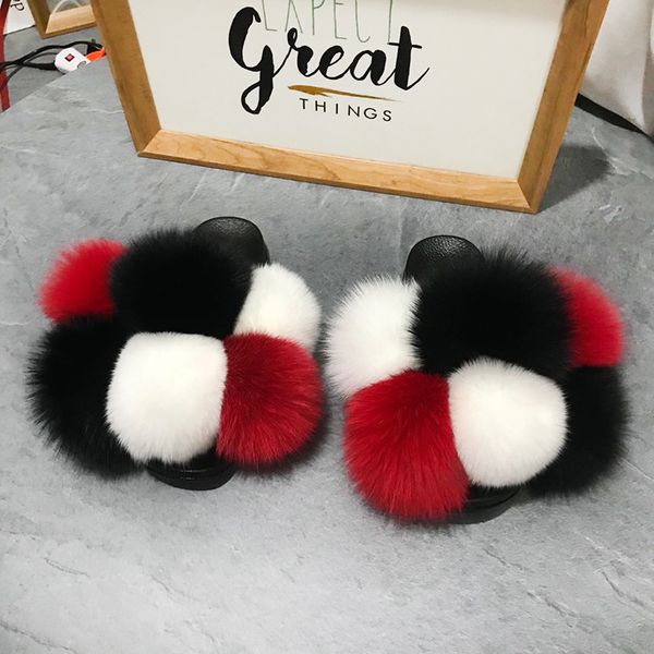 

custom style size l indoor colorful fluffy women brand fur slides cute furry slippers, Black