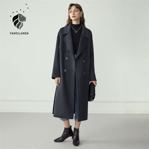 

fansilanen double breasted 100% wool coat women elegant cashmere long winter coat female oversized vitnage blend jacket overcoat 211104, Black