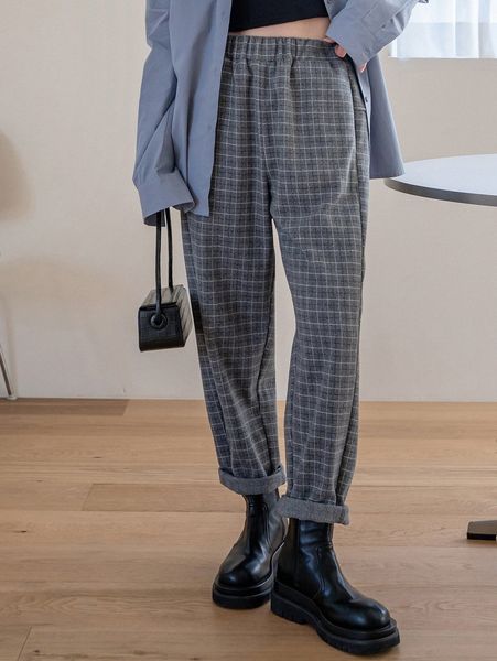 

dazy-less plaid slant pockets wool-mix pants n8ee#, Black;white